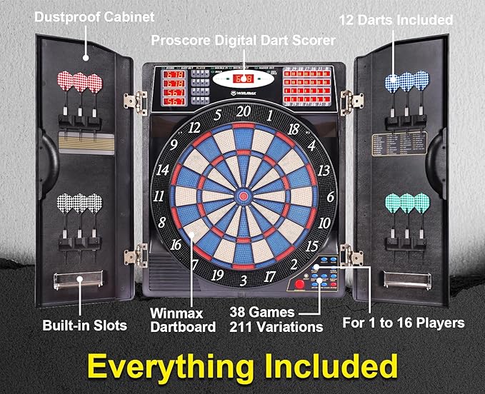 WIN.MAX Electronic Dart Board Cabinet Set, LED Electric Digital Soft Tip Dart Boards for Adults with Cabinet, up to 16 Players, 38 Games and 211 Variations with 12 Soft Tip Dartboard Set