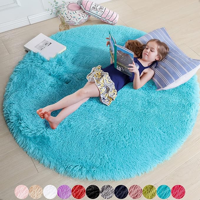 Blue Round Rug 5Ft for Bedroom, Washable Fluffy Circle Area Rugs for Kids Room Baby Nursery Playroom, Living Room Decor Aesthetic, Plush Shaggy Fuzzy Turquoise Carpet for Apartment Preppy Classroom