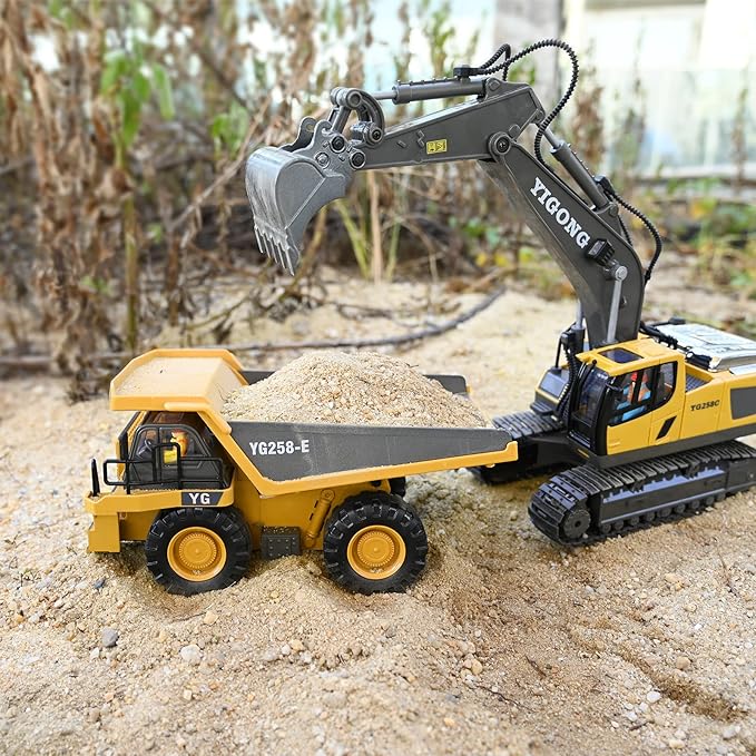 Remote Control Dump Truck Toys 9 Channel 2 Batteries RC Construction Toy Vehicles with Metal Bed Lights/Sounds, Birthday Gifts for Boys Age 3+