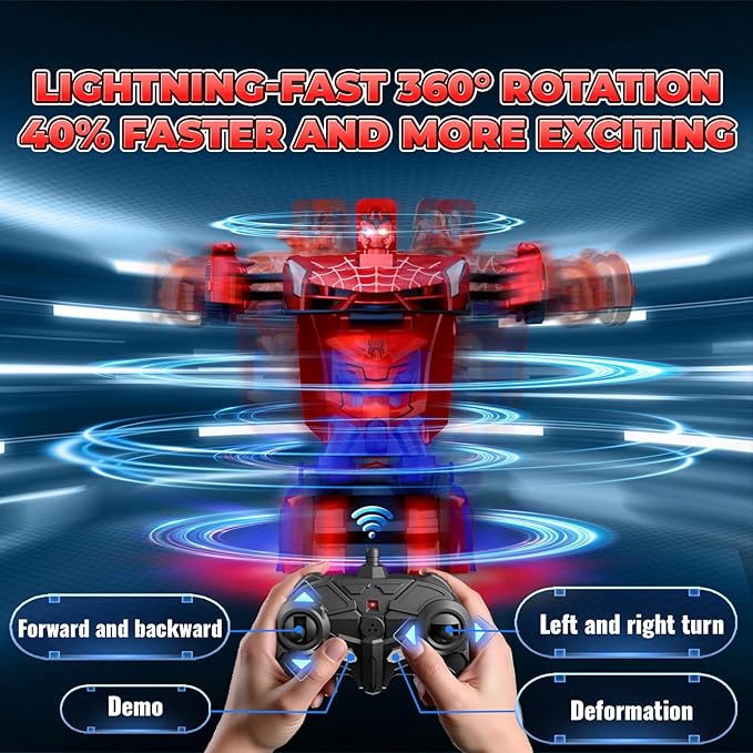Spider Transform RC Cars Toys with Eye & Underbody Lights, 2.4GHz Remote Control Car One-Button Deformation, Fast 360°Rotation Robot Toys Birthday Gifts for 3 4 5 6 7 8 9 10 Year Old Boys Age 4-7 8-12