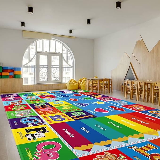 Kids Play Rug for Playroom, ABC Educational Area Rug, Toddler Baby Play Mat, Alphabet Animal Soft Non-Slip Kids Rug Carpet for Boy Girl Bedroom (110X78.7 INCH Blue)
