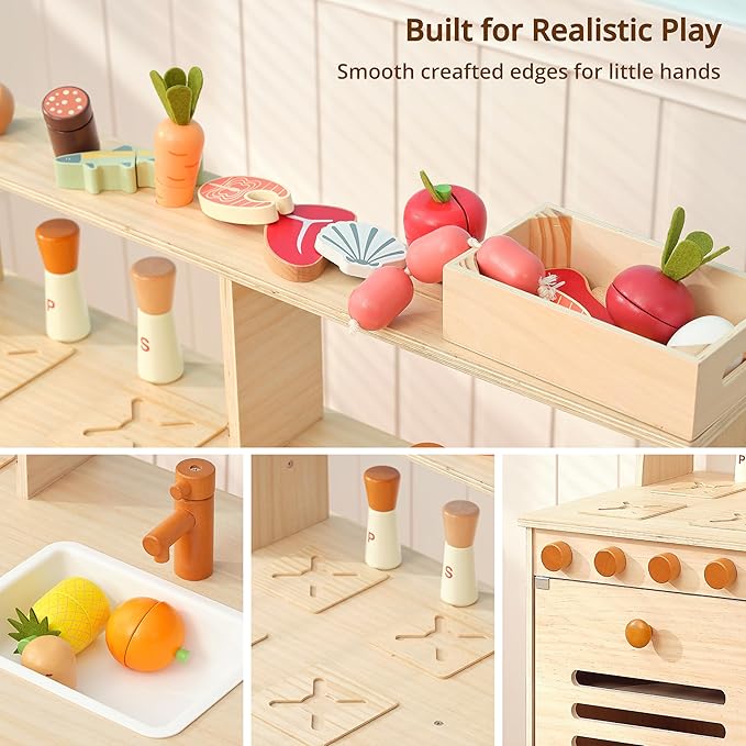 PairPear Play Kitchen Set for Kids, Wooden Toy Kitchen with Accessories & Play Food, Natural Wood Kids Kitchen for Imaginative Cooking & DIY Crafting - Ideal Gift for Toddlers Age 3+