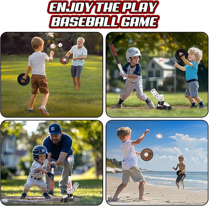 T Ball Set for Kids Toddlers 3-5, Toss and Catch Ball Game Outdoor Toys with Fixed Tee Ball Stand, Baseball Launcher, Softballs and Beginner Glove, Sport Toy Gift Idea for Boys and Girls