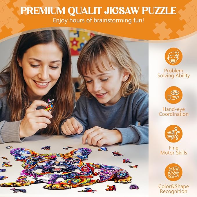 Wooden Puzzles for Adults, Jigsaw Puzzles for Adults Kids, French Bulldog Wooden Puzzle Unique Shaped Wood Puzzles Adult, Birthday Gifts for Friends Family Game (11.4 * 10.9in 200pcs)