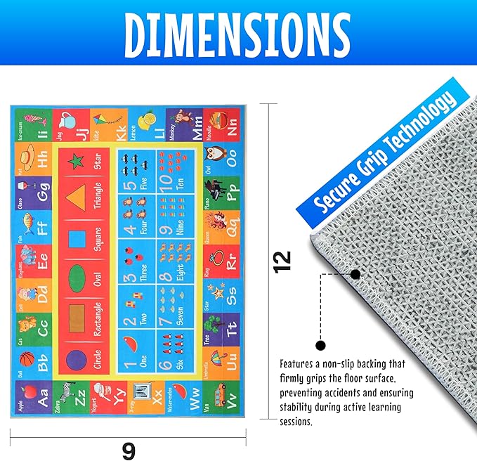 Hudson Comfort Classroom Rug 9x12 - Rugs for Elementary, Daycare, Nursery, and Playroom - Super Soft Non-Slip Carpet - Kids Fun Floor Mat for Playtime (Alphabet)