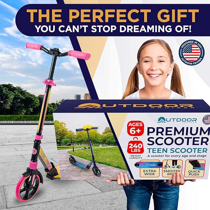 Outdoor Cruiser Kick Scooter for Ages 6+, for Kids, Teens, and Adults, Max Load 250 LBS, Foldable, 8-inch Big Wheels, Dual Suspension, 3 Adjustable Levels, Child Safety Approved, Yellow and Pink