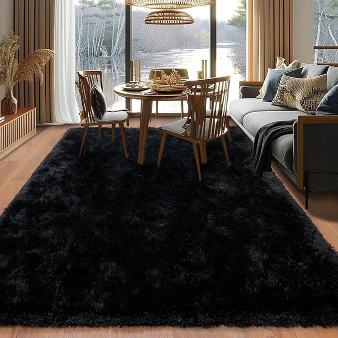 Super Fluffy 9x12 Rugs for Living Room, Modern Shag Black Area Rugs, Soft and Cozy Plush Large Under Bed Carpet for Kids, Girls Boys and Teens Decorations for Bedroom Dorm Nursery Classroom