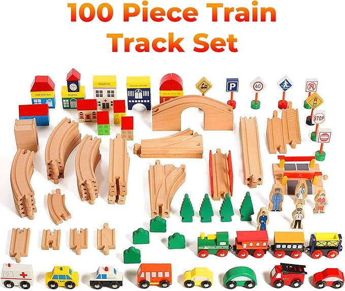 Wooden Train Set 100 Piece All in One Wooden Toy Train Tracks Set with Magnetic Trains and Railway Accessories, Comes in A Clear Container, Compatible with All Major Brands