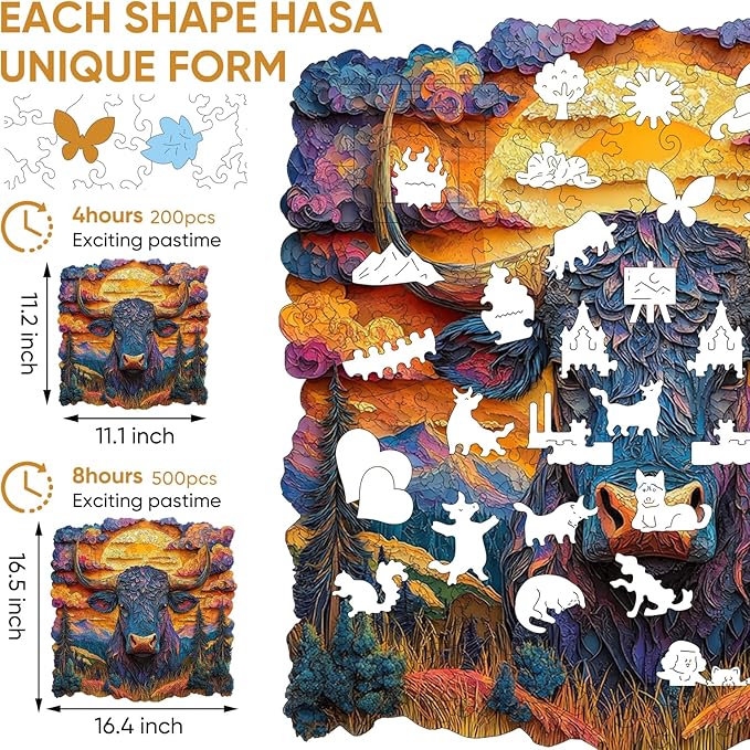 Wooden Puzzle for Adults - 3D Longhorn Wooden Jigsaw Puzzles 500 Piece, Unique Shaped Animal Challenging Puzzles, Exquisite Packaging, Best Gift Toys for Family Friends 16.5x16.5 in