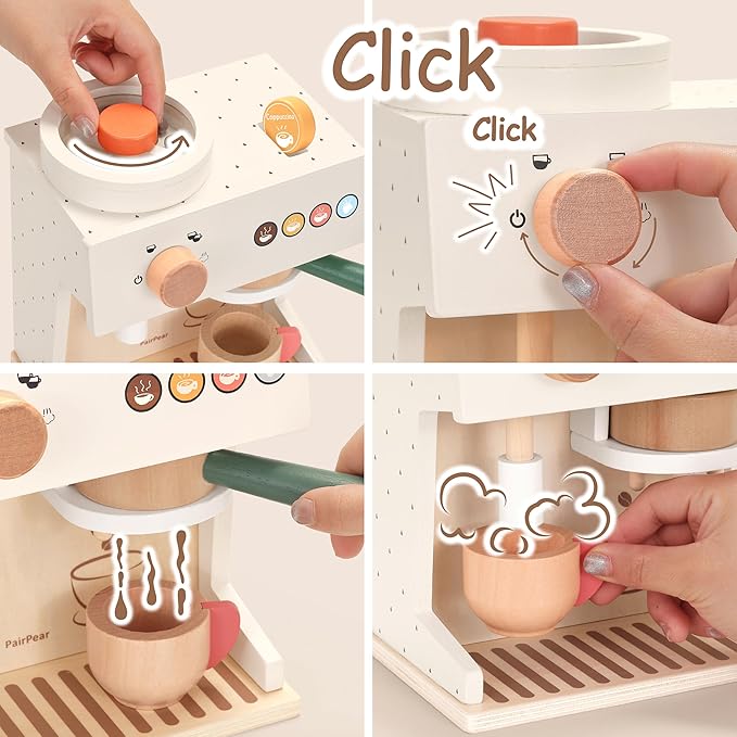 PairPear Wooden Toy Coffee Maker Set for Kids Kitchen, 18 Piece Play Food Coffee Machine Playset, Pretend Play Kitchen Accessories Set for Girls and Boys Ages 3+