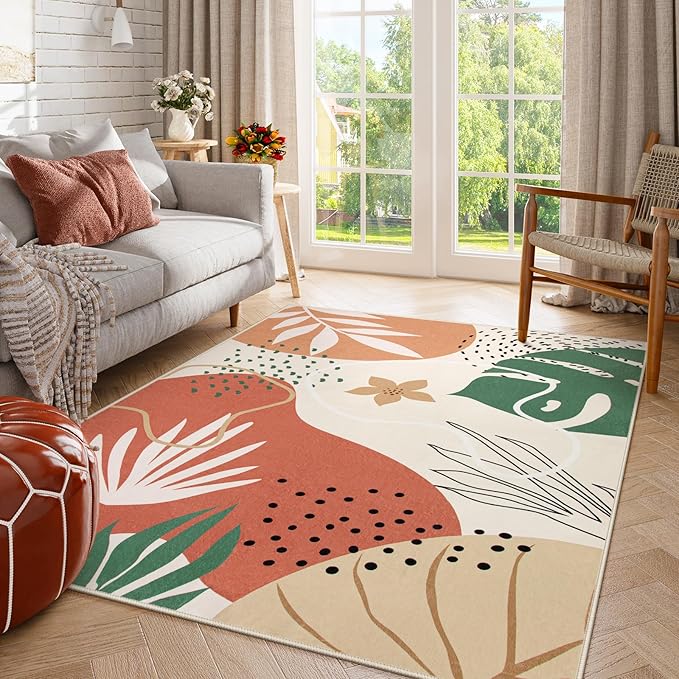 Lahome 5x7 Area Rug for Living Room, Washable Rugs 5x7 for Bedroom Soft Kids Nursery Carpet, Boho Botanical Print Non-Slip Low Pile Carpet for Office Playroom Kitchen Entryway, Coral