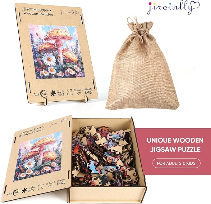 Wooden Puzzles for Adults 200 Pieces, Mushroom Flower Wooden Jigsaw Puzzles for Adult and Kids, 11.2 Inch Medium Size Family Reunion Puzzle, Valentine's Day Puzzle Gifts for Lovers Friends and Family