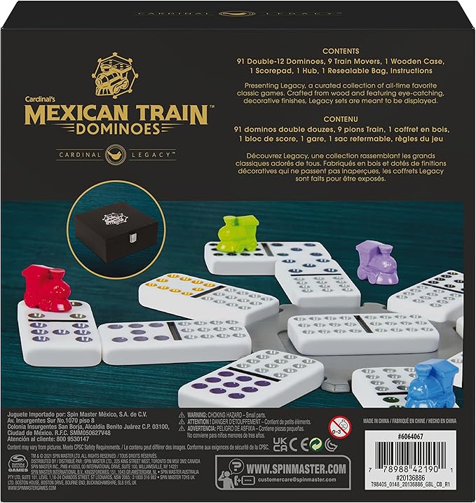 Spin Master Games Legacy Deluxe Mexican Train Dominoes, Classic Original Board Game Set Double-12 Dominoes with Sturdy Wood Case, for Kids and Adults Aged 8 and up