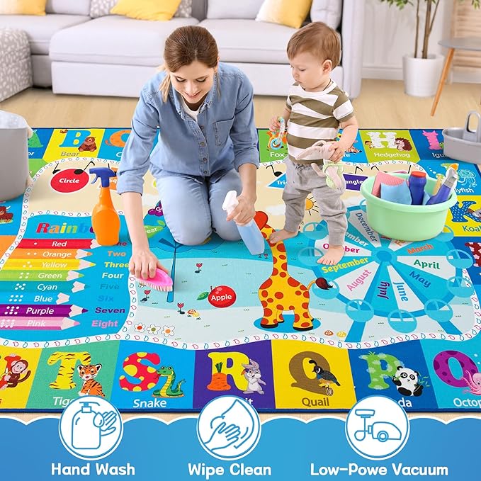 Chicrug Educational Kid Area Rug for Playroom, 6x9 Feet TPR Non Slip Kids Classroom Carpet Rug for Learning ABC Animal, Shape Color Fruit, Washable Play Mat Rug for Children Nursery Toddler Room Decor