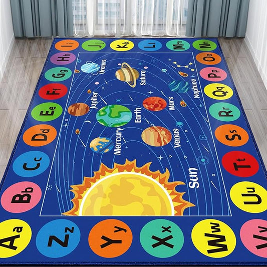 Kids Rug Outer Space Carpet for Playroom, ABC Educational Learning Area Rug, Non-Slip Solar System Road Play Play Rug for Kids Bedrooms, Classroom, Nursery Room Decor (Blue, 78.7X59 INCH)