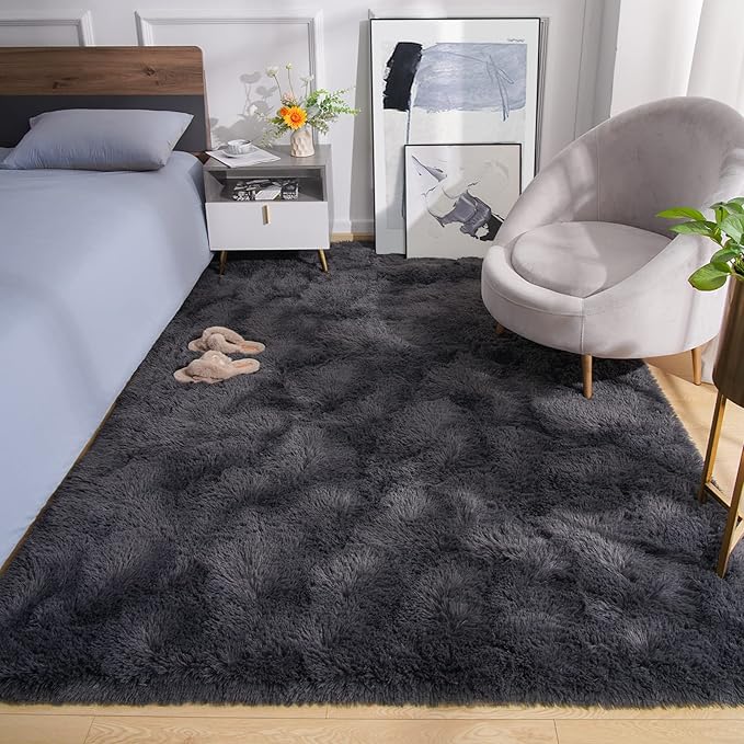 Amearea Premium Soft Area Rug 4x5.3 Feet, Grey Rugs for Living Room, Fluffy Carpet for Bedroom Nursery Playroom Teen Home Decor, Comfortable Indoor Furry Dorm Carpets, Dark Grey