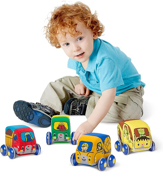 Melissa & Doug Pull-Back Construction Vehicles - Soft Baby Toy Play Set of 4 Vehicles - Cars For Infants, Construction Toys, Pull Back Cars For Babies Ages 9m+