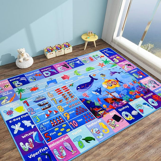 ABC Kids Rug for Playroom 47"×31.5" Ocean Playmat Baby Play Mat Alphabet Mat Sea Animal Number Shape Classroom Rug Kids Playroom Carpet Early Learning Carpet for Preschool Toddlers