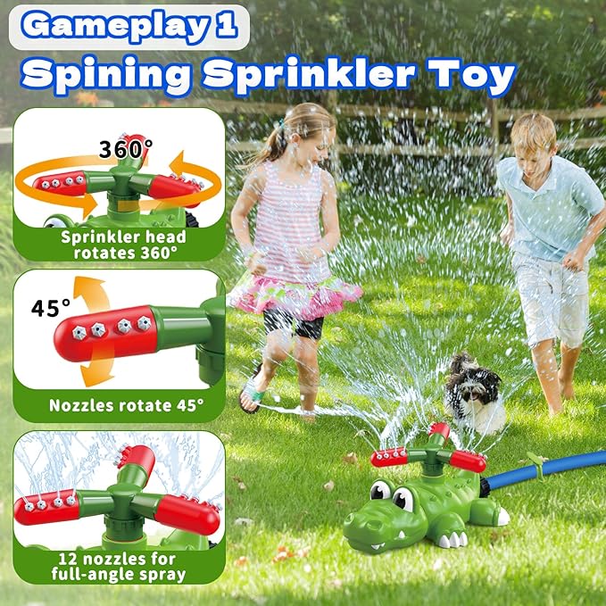 4-in-1 Kids Water Sprinklers T Ball Set & Water Ball Toy, Crocodile Baseball Sprinkler for Backyard Outdoor Summer Toys for Boys Girls Outside Yard Water Game Toys for Kids Toddlers Ages 3-8