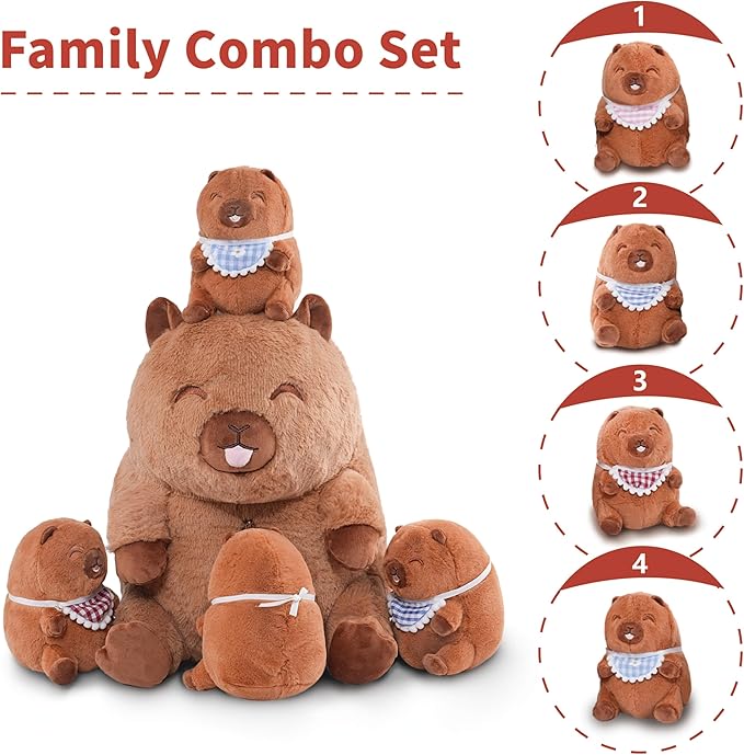 Niuniu Daddy 13" | 5Pcs Capybara Stuffed Animals Family Set, Mommy Capybara Plush with 4 Babies Toys Inside, 5 in 1 Kawaii Pillowfort Plush for Girls Boys Adults with Christmas Birthday Party Presents