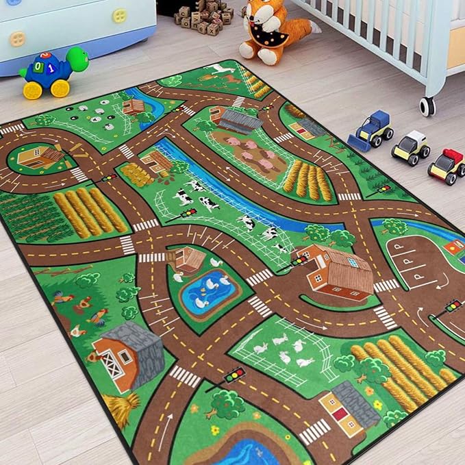 Kids Rug, Farm Map Playmat Rugs - 5x7 Ft Kids Carpet with Rubber Backing, Cute Animal Farming Game Road Map Play Mat Nursery Rugs for Children Bedroom Playroom