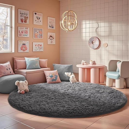 Ophanie Round Rugs 7Ft Grey Circle Area Rug, Fluffy Fuzzy Bedroom Carpet, Plush Soft Shaggy Indoor Floor Gray Living Room Rugs for Kids Home Decor Aesthetic, Nursery