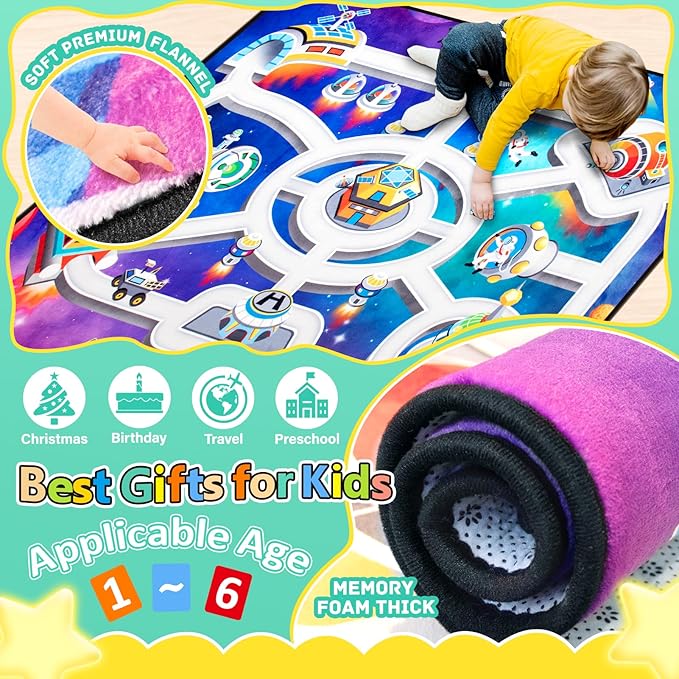 Kids Rug, Space Playmat Rugs, 4x6 Ft Playroom Carpet, Colorful Cartoon Outer Space, Planet, Rocket, Spaceship Road Rug for Playroom, Educational Learning Carpet for Kids