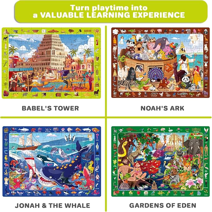 QUOKKA 60 Piece Kids Puzzles Ages 5-8 - Set of 4 Bible Jigsaw Puzzles for Kids 4-6-10 Year Old - Tower of Babel - Noah`s Ark - Eden Toys for Children 5-7 yo - Christian Gifts for Boys & Girls