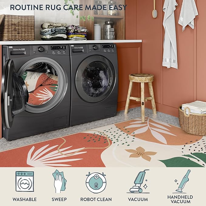 Lahome 8x10 Rugs for Living Room, Bedroom Rug 8x10 Under Bed Soft Kids Nursery Carpet, Boho Botanical Print Non-Slip Low Pile Carpet for Dining Room Office Playroom, Coral