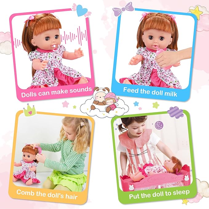 14" Baby Doll Toys Playset with Wardrobe Bed, 37PCS Beauty Hair & Baby Doll Care Toy Set, Toddler Toy Pretend Play Doll Incl Hair Salon Kit, Doll Clothes, Baby Gift for 3 4 5 6+ Year Old Girl Toy