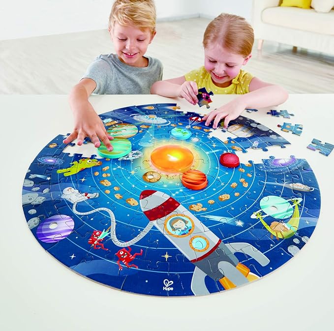 Hape Solar System Puzzle | Round Solar System Puzzle Toy for Kids, Solid Wood Pieces and A Glowing LED Sun