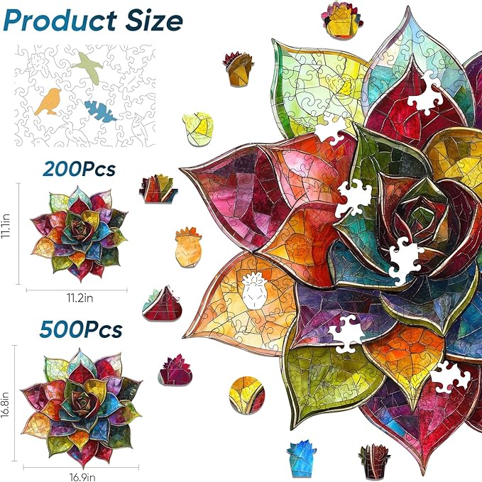 Puzzles for Adults 500 Pieces,Colorful Succulent Wooden Puzzles, 5MM Thick Unique Shaped Flower Jigsaw Puzzles Birthday Gifts for Kids Family Game 16.8 * 16.9inch