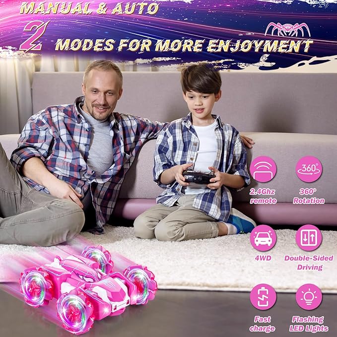 Spider Remote Control Car, 2.4Ghz Double Sided RC Cars with LED Light 360° Rotating 4WD Rechargeable RC Stunt Car Spider Toys for Boys 4-6 5-7 8-13 Girls Gifts Indoor Outdoor, Pink