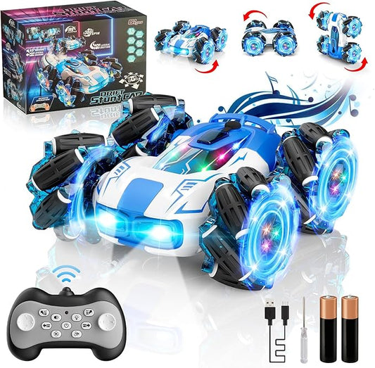 Remote Control Car Drift Stunt Car, 4WD 2.4 GHz Double-Sided 360° Rotating RC Stunt Crawler with LED Lights, Music, and Spray, RC Stunt Cars Toys for Ages4-6 5-7 8-13 Ideal Gift for Boys & Girls