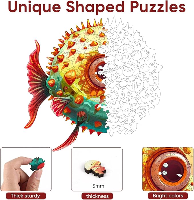 Fish Wooden Puzzles for Kids and Adults,200 Pieces Unique Shaped Jigsaw Puzzles for Adults and Children,Family Game,Birthday Children's Day Gifts,11.1x11.4 Inches