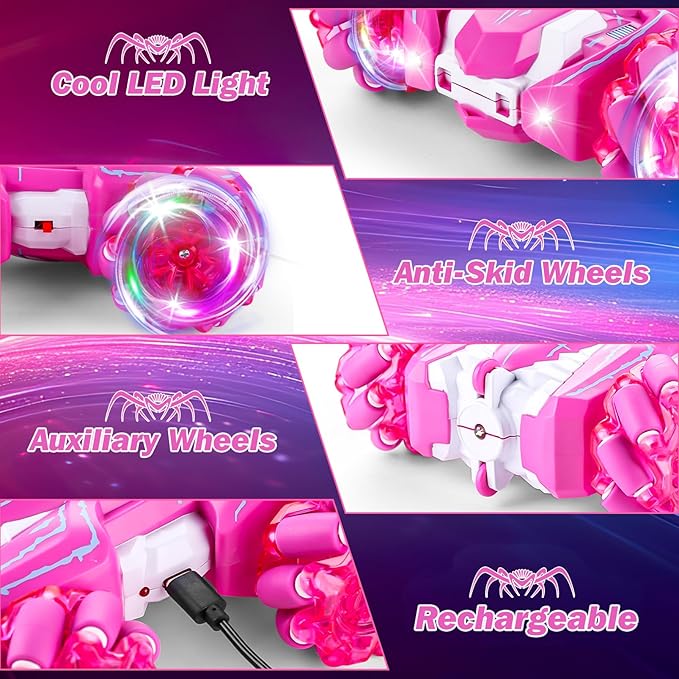 Spider Remote Control Car, 2.4Ghz Double Sided RC Cars with LED Light 360° Rotating 4WD Rechargeable RC Stunt Car Spider Toys for Boys 4-6 5-7 8-13 Girls Gifts Indoor Outdoor, Pink