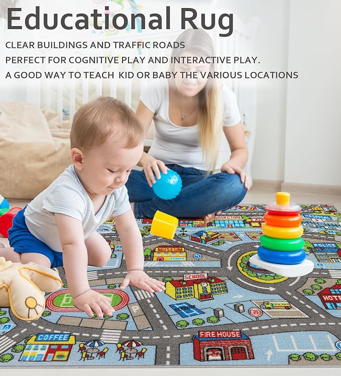Kids Rug 3'3" x 5'2" City Life Playmat Area Rug Car City Map Washable Traffic Road Educational Learning Nursery Rug Carpet for Children Playroom Living Room Bedroom Classroom Decor Blue