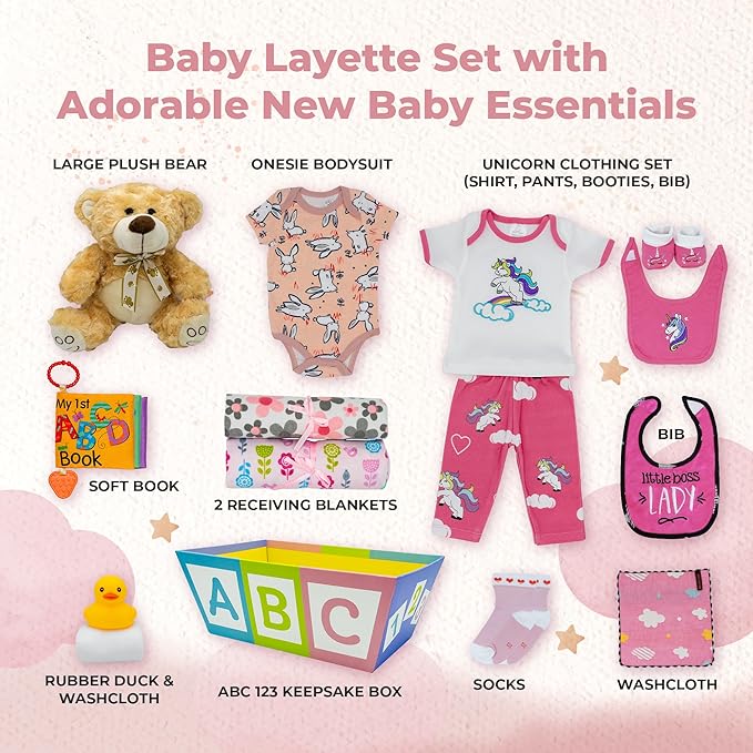 Deluxe 15-Piece New Baby Gift Basket | Newborn Baby Girl Gift Set for Expecting Moms & Parents | Baby Gift with Unicorn Clothing Set | Baby Gift Set with ABC Box | Nikki's Gift Baskets