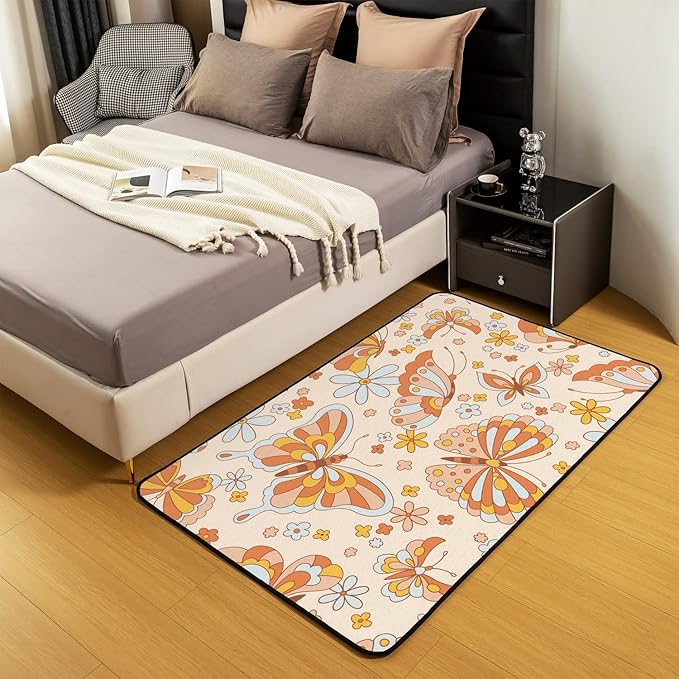 Erosebridal Retro 70S 60S Floral Hippie Area Rugs 4x5 for Kids Girls Cute Groovy Butterfly Flower Power Decorative Rug Boho Natural Flowers Rainbow Garden Botanical Washable Carpet