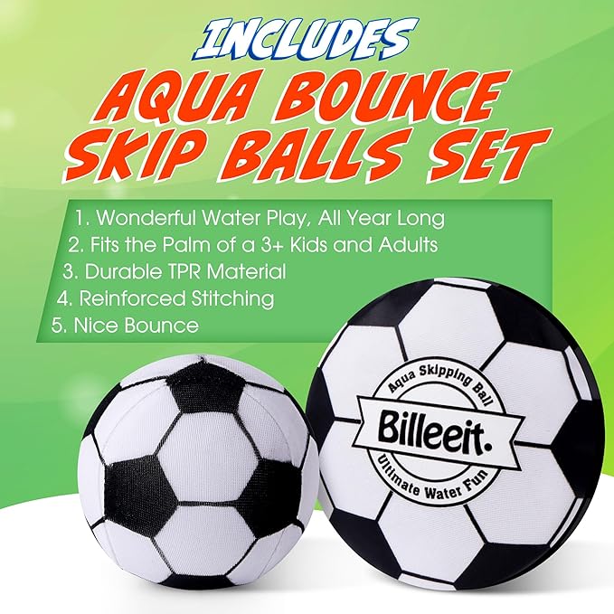 4Pcs Water Skipping Balls for Pool Play(Soccer Theme), Water Pool Beach Swim Toys for Kids Ages 4-8, 8-12 and Adults, Include 2 Balls and 2 Discs