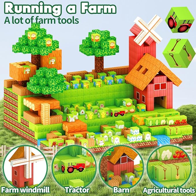 120 PCS Magnetic Building Blocks for Kids, Farm Animal Toys for Boys and Girls Ages 3-5 6-8 8-12. STEM Learning, Montessori, Fidget, Sensory Cubes. Magnet Tiles Block Gifts for Toddler and 3+ Year Old