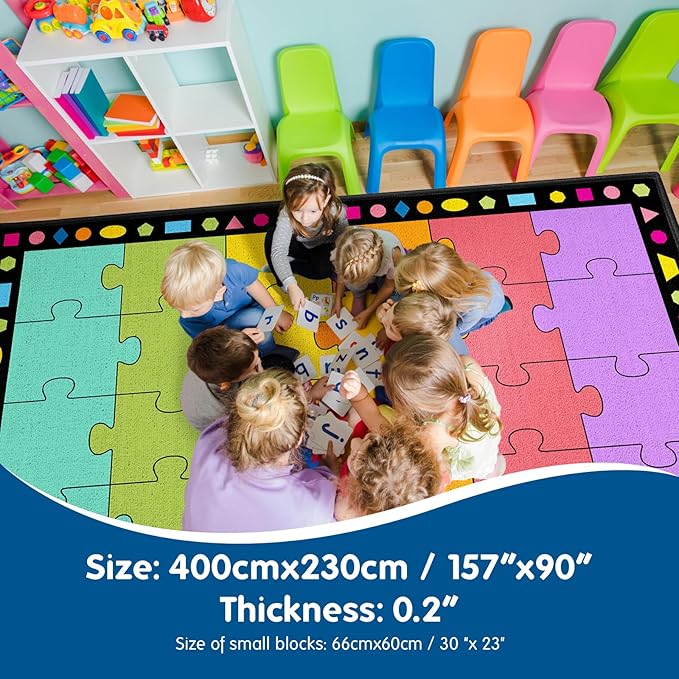 Booooom Jackson Large Classroom Rug Colorful Puzzle Classroom Carpet 7.5x13 ft Area Rug with Non-Slip Backing for Prechool Playroom Elementary Library Kindergarten Class Reading Circle Time