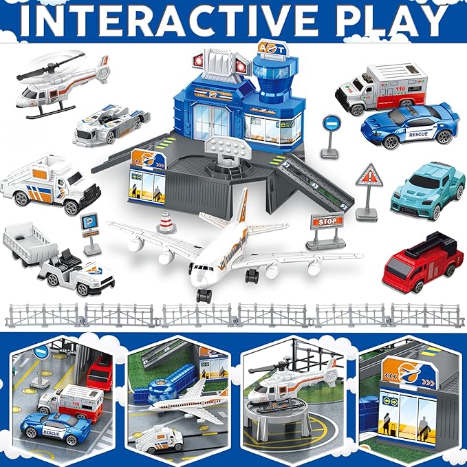 Airplane Toy Set - Airport Playset for Toddlers with Trucks,Planes, Helicopter, Signs and Fabric Airport Playmat, Interactive Early Learning Toys Birthday Gift for Boys and Girls Age 2 3 4 5+