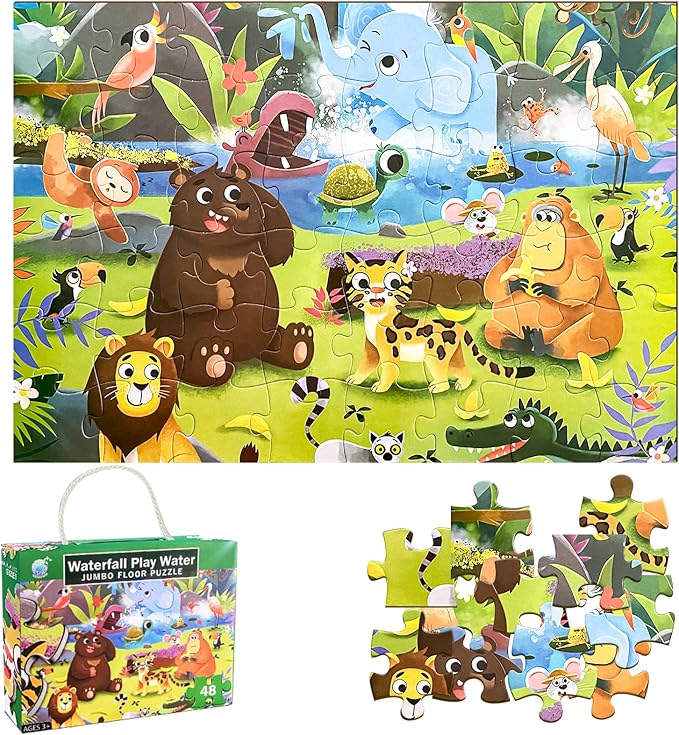 Jumbo Floor Puzzle for Kids, Dinosaur Puzzle for Kids Ages 4-8, 48pcs Jigsaw Puzzle for Toddlers 3-5 Year Old, Preschool Learning & Education Toys, Great Gift for Children(Jungle Animals)