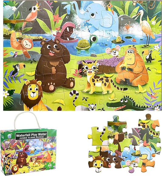 Jumbo Floor Puzzle for Kids, Dinosaur Puzzle for Kids Ages 4-8, 48pcs Jigsaw Puzzle for Toddlers 3-5 Year Old, Preschool Learning & Education Toys, Great Gift for Children(Jungle Animals)