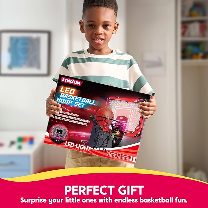 SYNCFUN Mini Indoor Basketball Hoop, Light Up Over The Door Basket Ball Hoop for Kids with Scoreboard & 4 Balls, Indoor Basketball, Toys Gifts for Boys Girls Ages 3 and UP(Red)