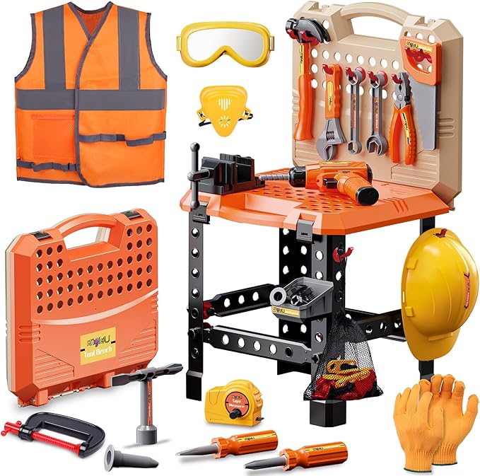 Kids Tool Bench Set,MAGIC4U 95PCS Toddler Tool Workbench with Electronic Drill 13 Tool Equipements,Safety Vest & Hat,Pretend Play Kids Construction Toys Gift for Boys Girls Age 3,4,5,6,7,8