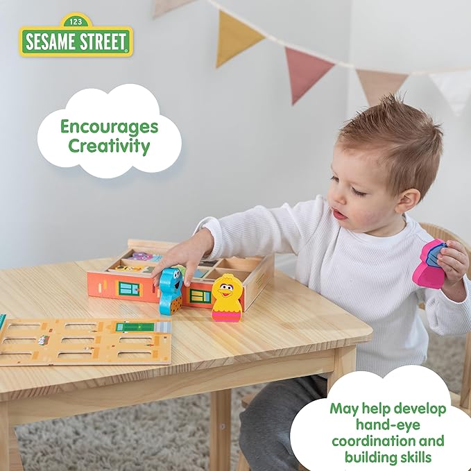 KIDS PREFERRED 123 Sesame Street Wood Brownstone Building Mix and Match Wooden Play Set Puzzle with Storage Case, Toddler Sorting and Matching Puzzles