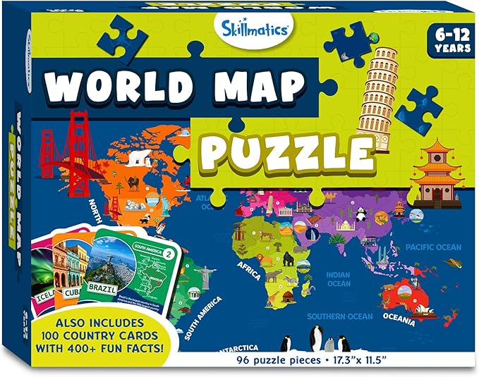 Skillmatics World Map Puzzle - 96 Piece Jigsaw Puzzle, Educational Toy, Geography for Kids, 400+ Facts, Gifts for Boys & Girls Ages 6 to 12
