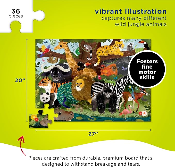 Crocodile Creek 36-Piece Jigsaw Floor Puzzle - Fun Floor Puzzles for Kids Ages 3-5 - Heavy-Duty Shaped Box for Storage - Jungle Friends - 27" W x 20" H Finished